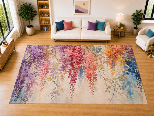 ICE ARMOR "Ultra Light Weight Large 6'7" x 9'10" Wisteria Flower Area Rug for Living Room Bedroom Dining Room, Soft Low Pile Non-Slip Backing, Purple Pink Orange Blue Cream Botanical Decor