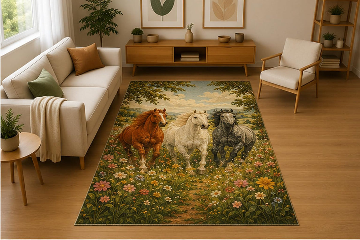 ICE ARMOR 5' x 7' Running Horses Meadow Area Rug Soft Low Pile Indoor Rug with Non Slip Silicone Backing Farm Animal Decor Carpet for Living Room Bedroom Family Room Kids and Pets Green