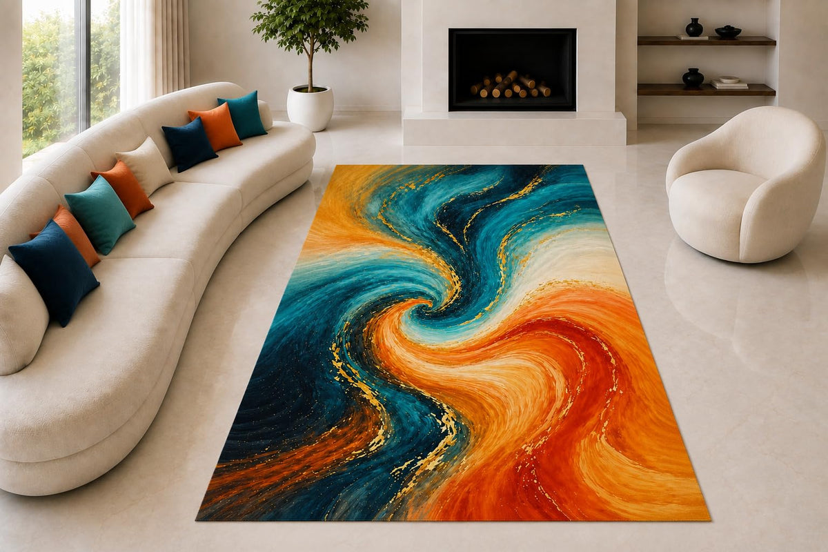 ICE ARMOR "Ultra Lightweight Large 6'7" x 9'10" Fluid Spiral Area Rug for Living Room, Bedroom and Home Office, Soft Low Pile Carpet with Non-Slip Silicone Backing, Orange and Teal