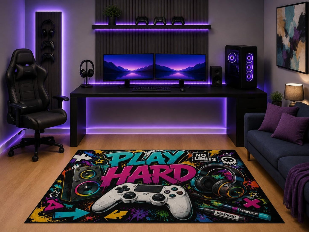 ICE ARMOR 5' x 7' Play Hard Gaming Area Rug Graffiti Controller Gamer Room Bedroom Playroom Teen Boys Modern Decor Non-Slip Silicone Backing Low Pile