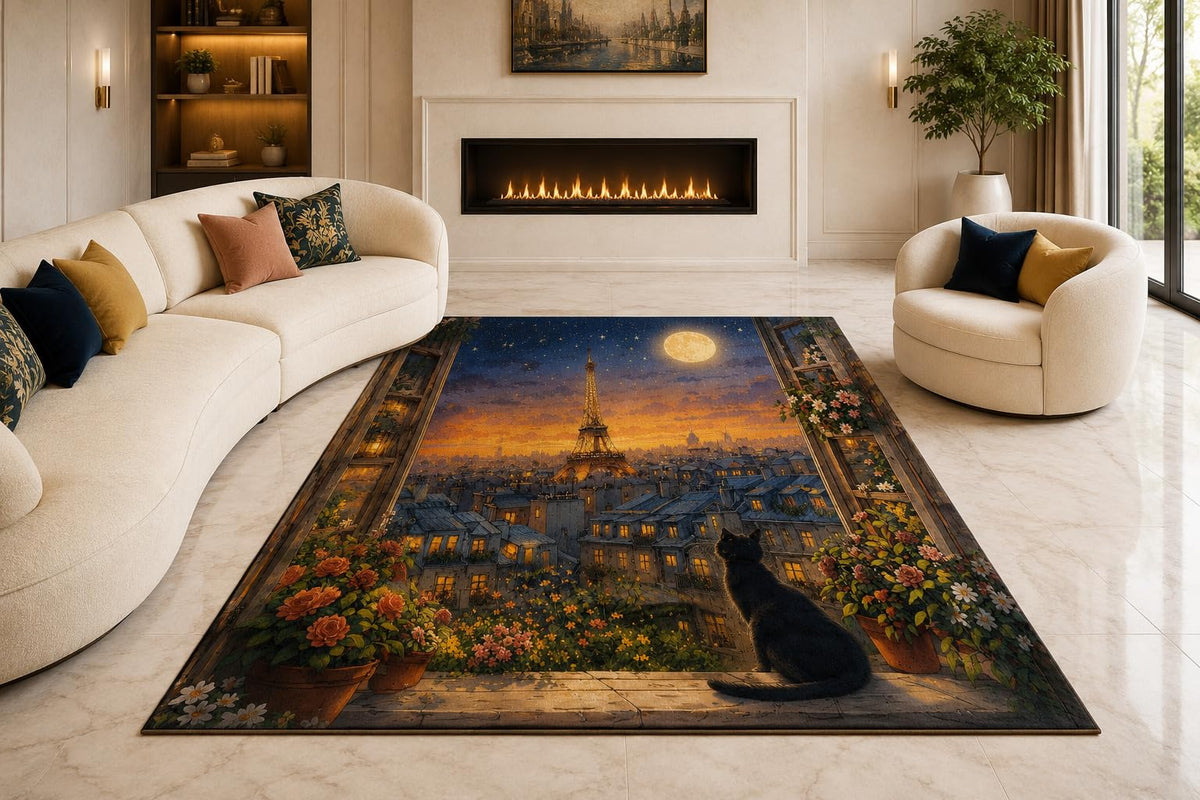 ICE ARMOR "Ultra Lightweight Large 6'7" x 9'10" Paris Cat Moonlight Area Rug for Living Room, Bedroom and Home Office, Soft Low Pile Carpet with Non-Slip Silicone Backing, Blue and Orange