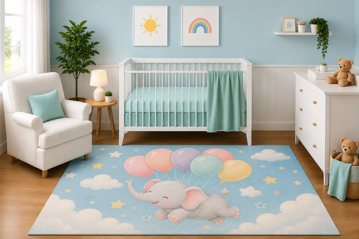 ICE ARMOR 5' x 7' Flying Elephant Balloons Area Rug for Nursery Room, Cute Pastel Clouds and Stars Adventure Design, Baby Girl Bedroom Decor, Non-Slip Silicone Backing Low Pile