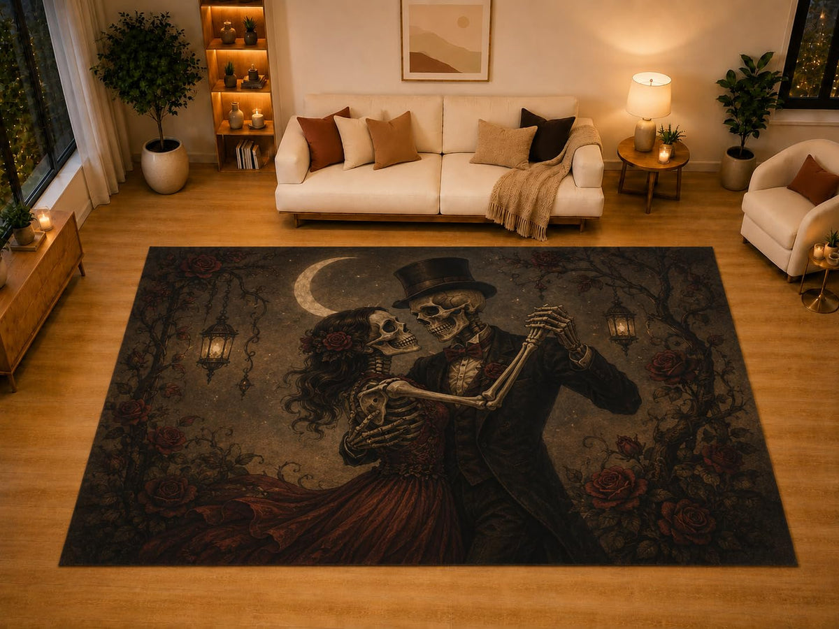 ICE ARMOR "Ultra Light Weight Large 6'7" x 9'10" Skeleton Couple Dancing Rose Area Rug for Living Room Bedroom, Soft Low Pile Non-Slip Backing, Black Burgundy Gothic Romance Decor