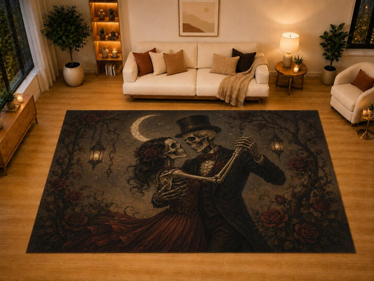 ICE ARMOR "Ultra Light Weight Large 6'7" x 9'10" Skeleton Couple Dancing Rose Area Rug for Living Room Bedroom, Soft Low Pile Non-Slip Backing, Black Burgundy Gothic Romance Decor
