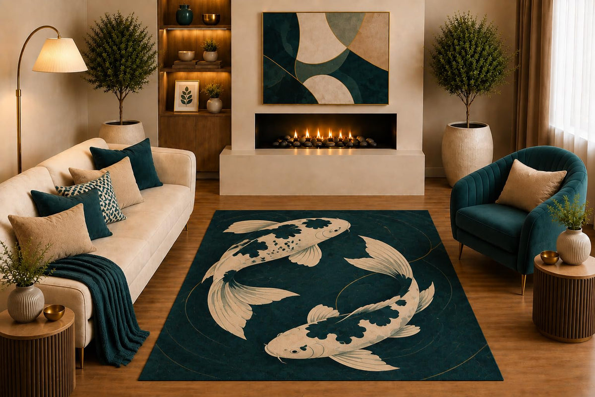 ICE ARMOR "Ultra Light Weight 5' x 7' Two Koi Fish Area Rug Japanese Minimalist Pond Art in Teal Cream for Living Room Bedroom Dining Room Zen Decor Non-Slip Silicone Backing Low Pile