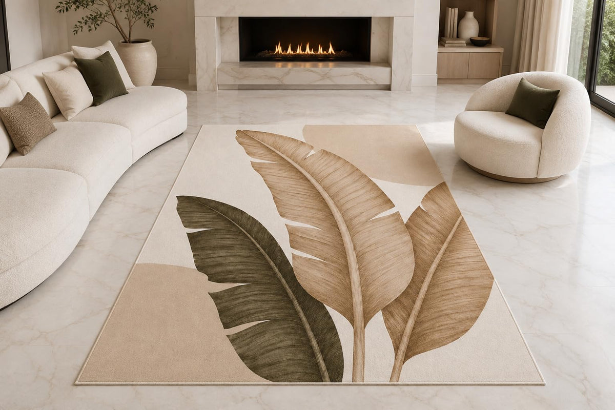 ICE ARMOR "Ultra Lightweight Large 6'7" x 9'10" Neutral Banana Leaves Area Rug for Living Room, Bedroom and Home Office, Soft Low Pile Carpet with Non-Slip Silicone Backing, Olive and Taupe
