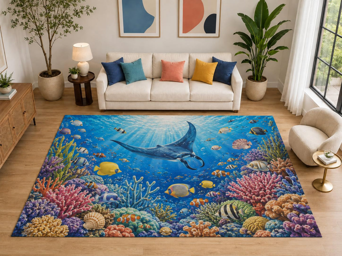 ICE ARMOR "Ultra Light Weight Large 6'7" x 9'10" Manta Ray Coral Reef Area Rug for Living Room, Soft Low Pile Indoor Rug and Non-Slip Silicone Backing, Ocean Blue