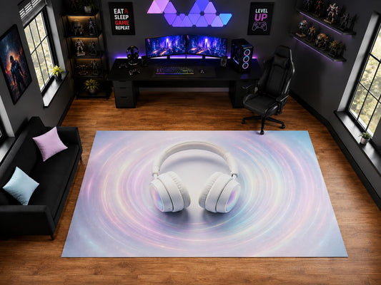ICE ARMOR "Ultra Light Weight Large 6'7" x 9'10" Pastel Gaming Headphones Swirl Area Rug for Playroom Decor, Soft Low Pile Indoor Rug with Non-Slip Silicone Backing, White Pink Blue