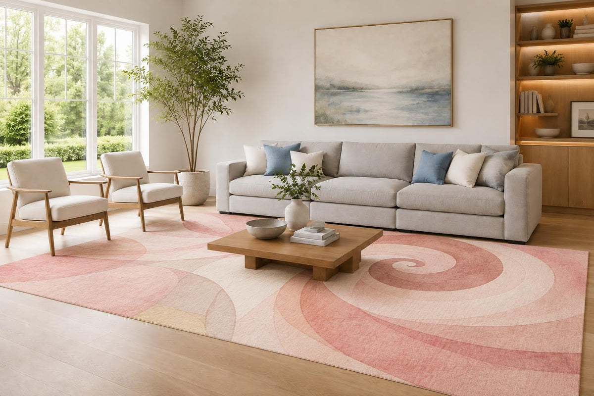 ICE ARMOR Large 6'7" x 9'10" Coral and Cream Spiral Bloom Area Rug for Living Room, Soft Low Pile Carpet with Non-Slip Silicone Backing, Decor for Bedroom, Dining Area and Home Office
