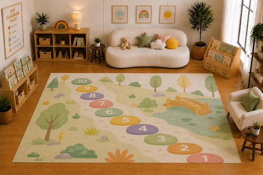 ICE ARMOR Large 6'7" x 9'10" Number Hopscotch Nature Area Rug for for Kids Room, Classroom, Bedroom, Playroom Decor, Soft Low Pile Indoor Rug with Non-Slip Silicone Backing, Pastel Multicolor