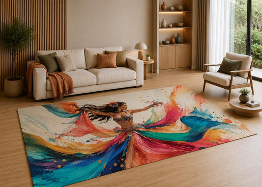 ICE ARMOR 5' x 7' Colorful Abstract Dancer Area Rug with Non-Slip Silicone Backing Low Pile Soft Carpet for Living Room Bedroom Studio Boho Artistic Decor