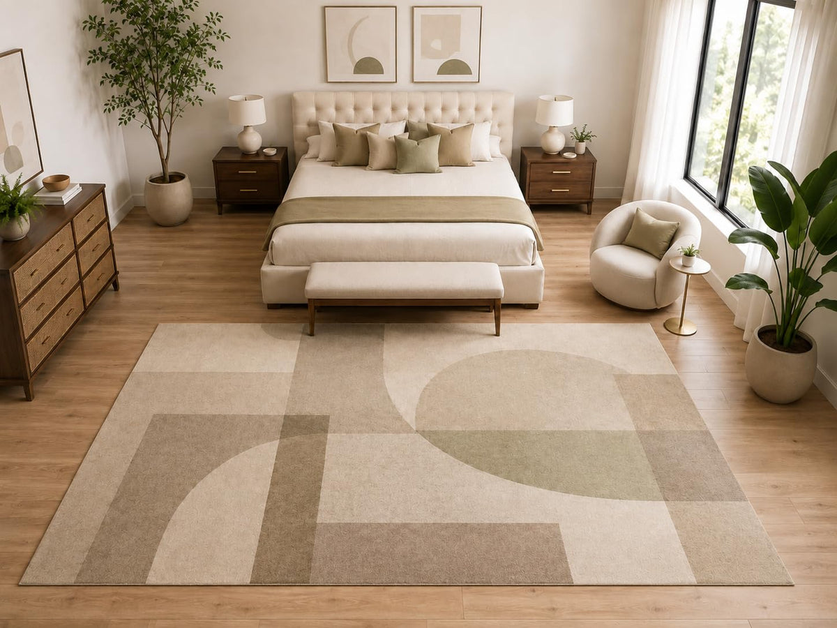 ICE ARMOR "Ultra Light Weight Large 6'7" x 9'10" Minimal Abstract Curve Rug, Soft Low Pile Indoor Rug, Non-Slip Silicone Backing for Bedroom Beige