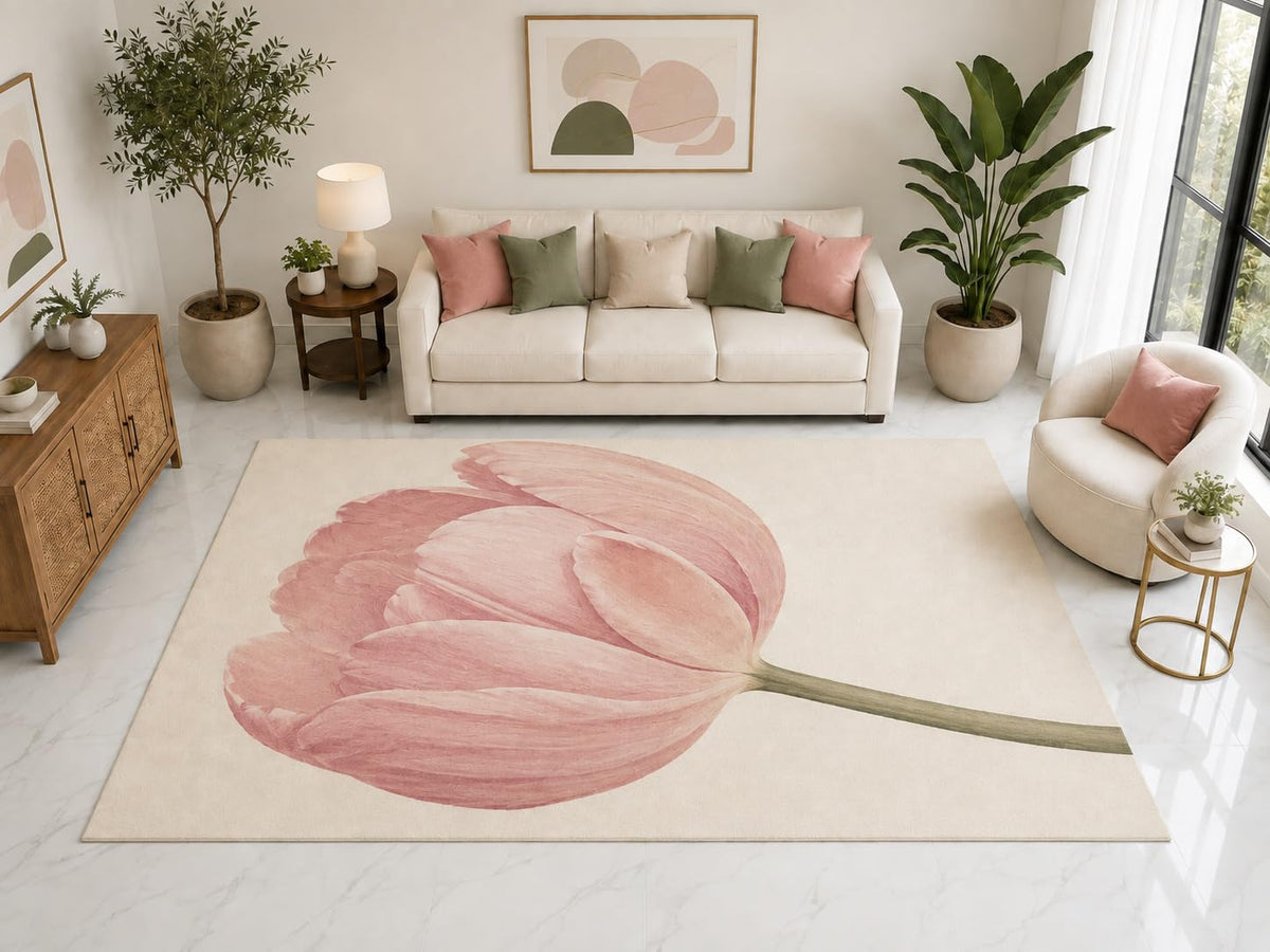 ICE ARMOR "Ultra Light Weight Large 6'7" x 9'10" Single Tulip Floral Rug, Soft Low Pile Indoor Rug, Non-Slip Silicone Backing for Bedroom Pink