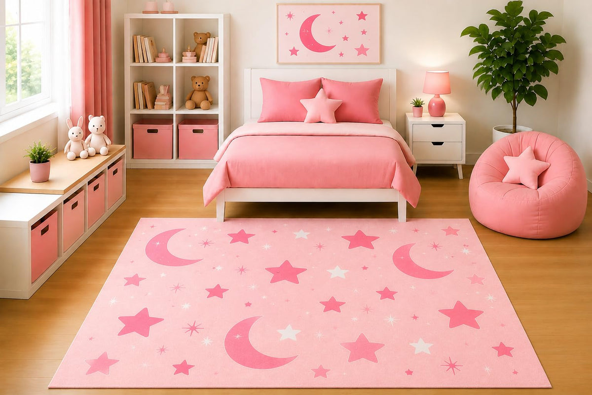 ICE ARMOR 5' x 7' Kids Area Rug Pink Celestial Stars Nursery Rug Minimalist Moon Bedroom Playroom Decor for Girls Baby Room Non-Slip Silicone Backing Low Pile