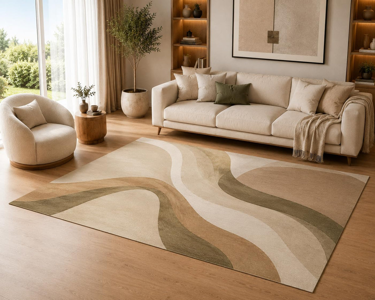 ICE ARMOR 5' x 7' Modern Abstract Curves Area Rug Soft Low Pile Indoor Rug with Non-Slip Silicone Backing Neutral Geometric Contemporary Carpet for Living Room Bedroom Dining Room Office Beige Brown