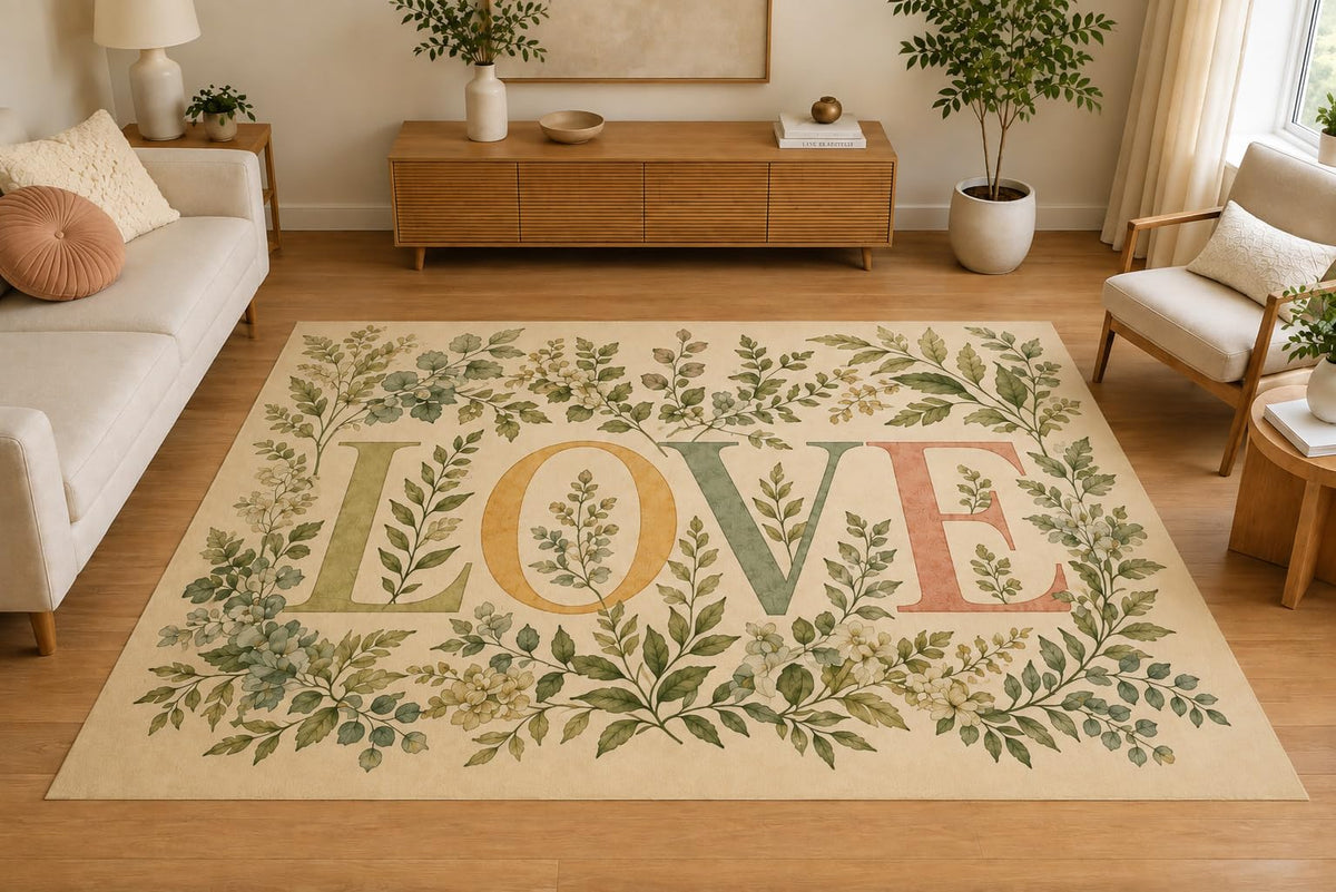ICE ARMOR 5' x 7' Botanical Greenery Love Area Rug, Soft Low Pile Indoor Rug with Non-Slip Silicone Backing, Decorative Carpet for Living Room, Bedroom, Office, Sage Green