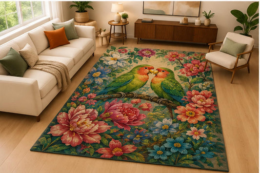 ICE ARMOR 5' x 7' Colorful Lovebird Floral Garden Area Rug Soft Low Pile Indoor Rug with Non Slip Silicone Backing Bird Nature Decor Carpet for Living Room Bedroom Family Room Kids and Pets