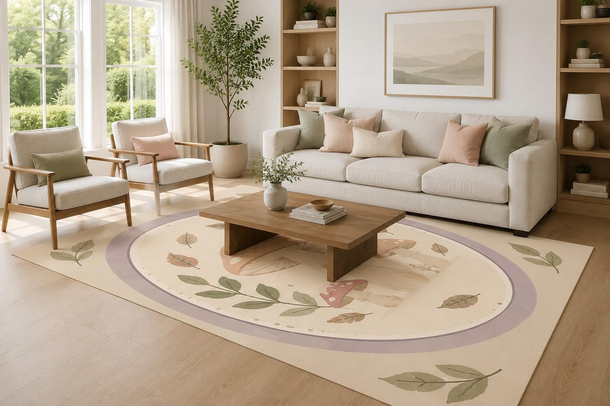 ICE ARMOR Large 6'7" x 9'10" Ivory and Lavender Mushroom Oval Area Rug for Living Room, Soft Low Pile Carpet with Non-Slip Silicone Backing, Decor for Bedroom, Dining Area and Home Office