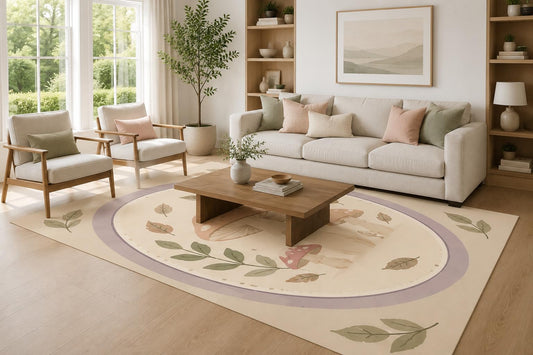 ICE ARMOR Large 6'7" x 9'10" Ivory and Lavender Mushroom Oval Area Rug for Living Room, Soft Low Pile Carpet with Non-Slip Silicone Backing, Decor for Bedroom, Dining Area and Home Office