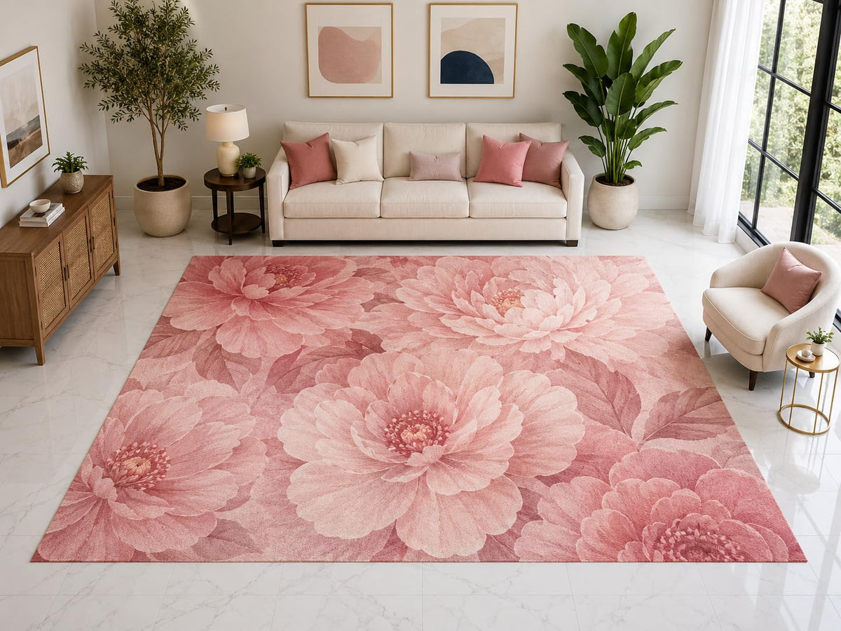 ICE ARMOR "Ultra Light Weight Large 6'7" x 9'10" Pink Peony Pattern Rug, Soft Low Pile Indoor Rug, Non-Slip Silicone Backing for Living Room Pink