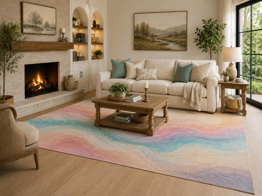 ICE ARMOR 6'7" x 9'10" Blush, Lavender and Aqua Pastel Flowing Waves Area Rug for Living Room, Soft Low Pile with Non-Slip Backing, Bedroom, Dining Area and Office Decor