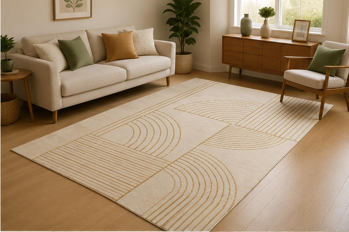 ICE ARMOR 5' x 7' Modern Geometric Line Area Rug for Living Room, Soft Low Pile Indoor Rug with Non-Slip Silicone Backing, Minimal Decorative Carpet for Bedroom, Office, Family Room, Beige Ivory