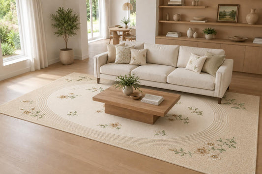 ICE ARMOR Large 6'7" x 9'10" Ivory and Beige Vintage Floral Circle Area Rug for Living Room, Soft Low Pile Carpet with Non-Slip Silicone Backing, Decor for Bedroom, Dining Area and Home Office
