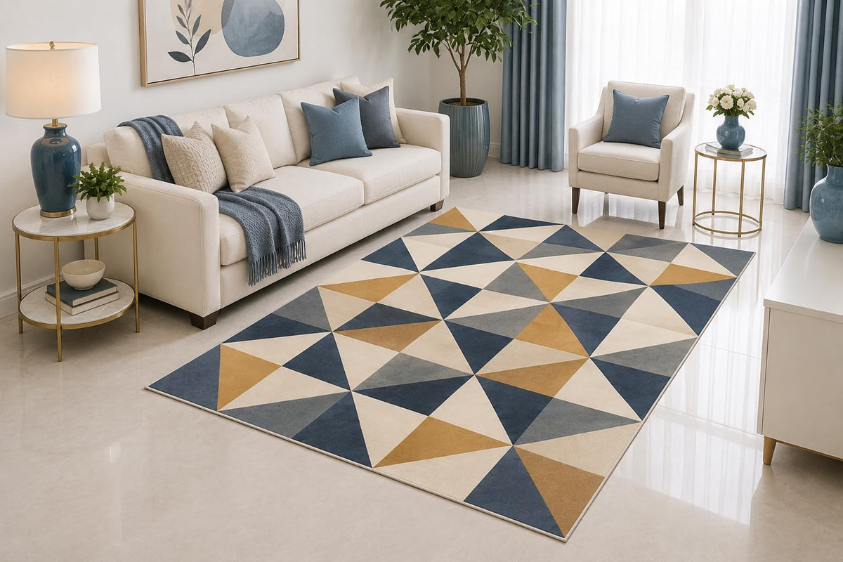 ICE ARMOR 5' x 7' Triangle Geometric Area Rug, Gray Beige Modern Abstract Pattern for Living Room Bedroom Office, Non-Slip Silicone Backing, Low Pile Carpet