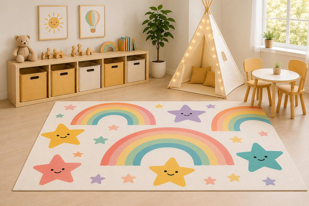 ICE ARMOR 5' x 7' Rainbow Stars Area Rug for Kids Playroom Nursery Bedroom, Pastel Rainbow Smiling Stars Cartoon Decorative Carpet, Non-Slip Silicone Backing Low Pile