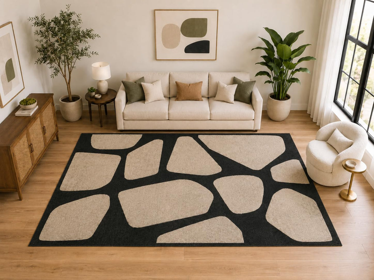 ICE ARMOR Large 6'7" x 9'10" Organic Stone Geometric Area Rug for for Bedroom, Living Room, Soft Low Pile Indoor Rug with Non-Slip Silicone Backing, Black Ivory