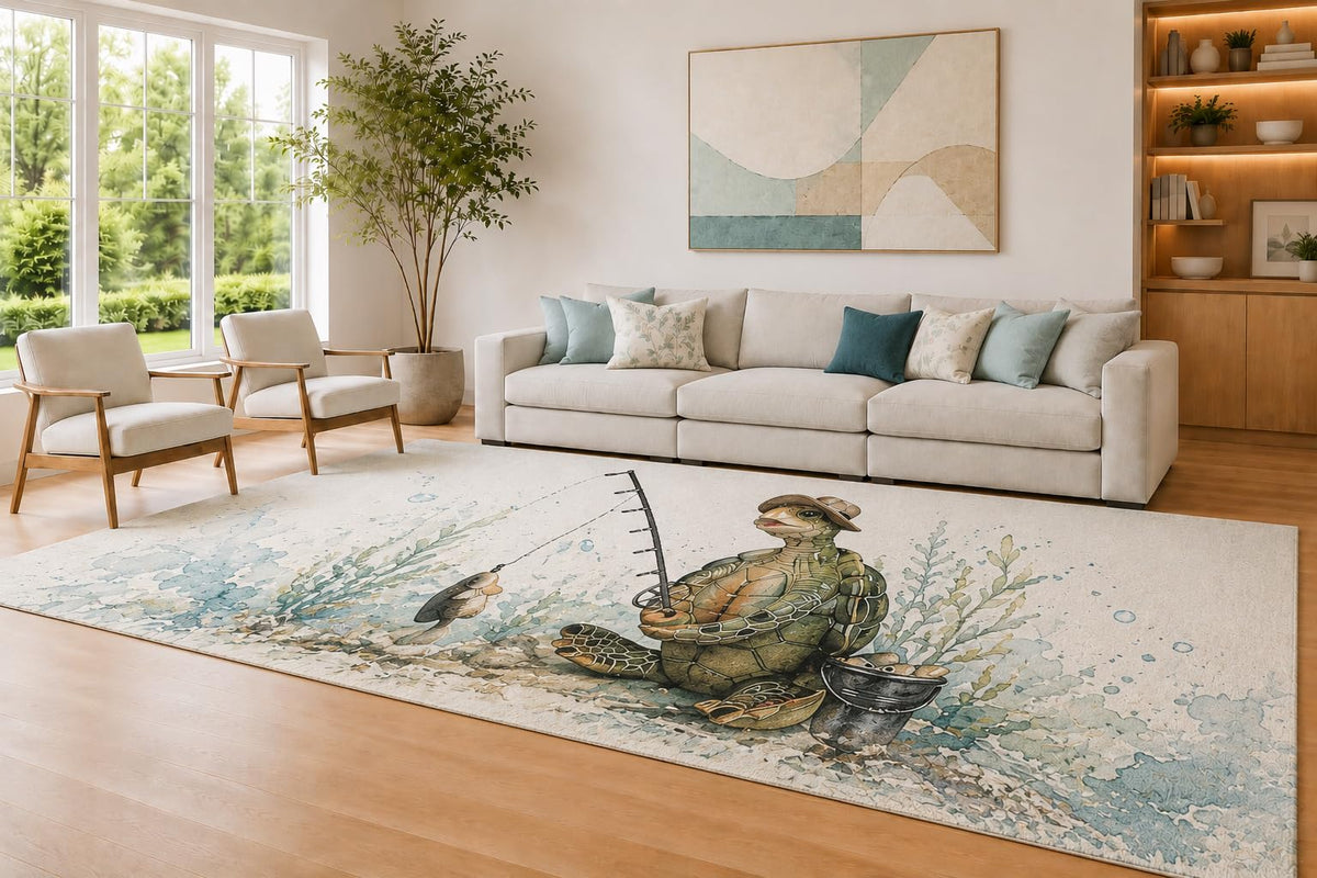 ICE ARMOR Large 6'7" x 9'10" Cream and Aqua Fishing Turtle Area Rug for Living Room, Soft Low Pile Carpet with Non-Slip Silicone Backing, Decor for Bedroom and Home Office