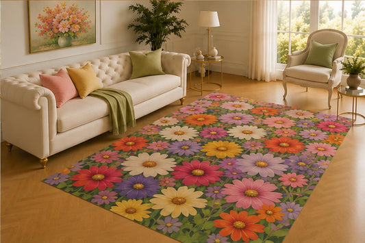 ICE ARMOR 5' x 7' Colorful Daisy Meadow Rug, Pink, Orange, Purple and White Blooms Across Rich Greenery, Cheerful Decor for Living Room, Bedroom or Playroom