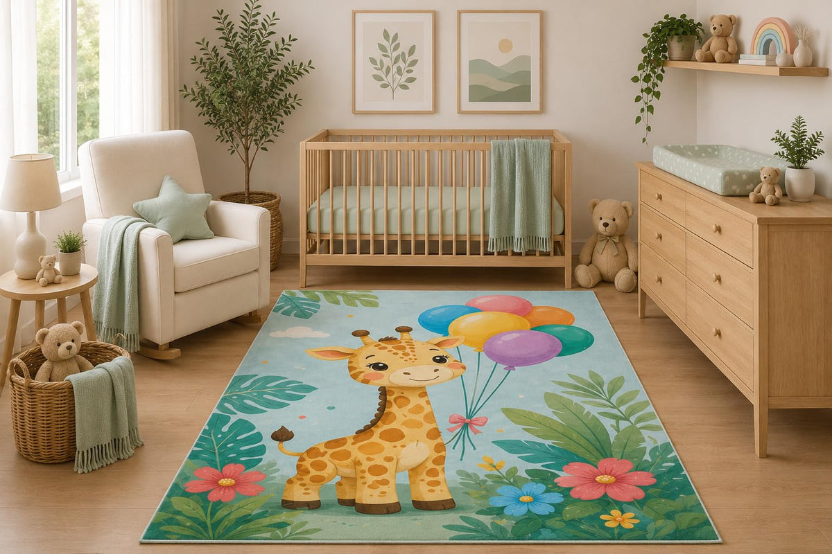 ICE ARMOR 5' x 7' Cute Baby Giraffe Area Rug, Jungle Animal with Balloons Nursery Kids Bedroom Playroom Decor, Non-Slip Silicone Backing Low Pile Carpet