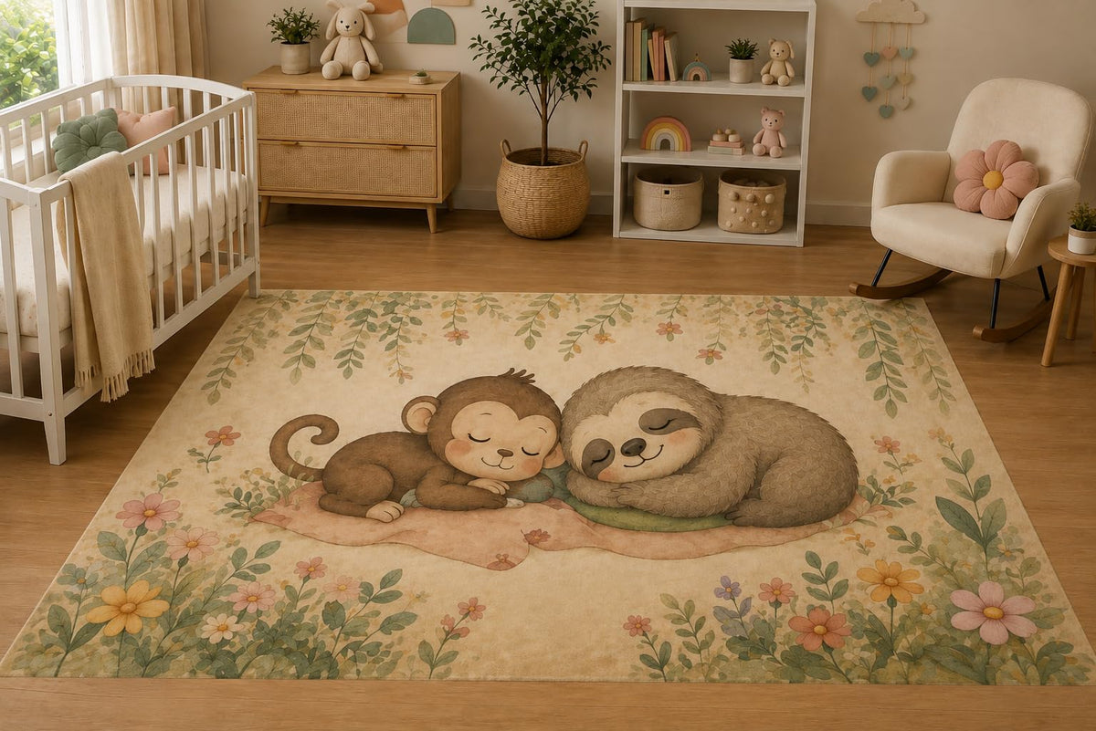 ICE ARMOR 5' x 7' Sleeping Sloth and Monkey Area Rug for Nursery, Soft Low Pile Indoor Rug with Non-Slip Silicone Backing, Kids Room, Playroom, Kids & Pets, Beige Sage