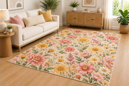 ICE ARMOR 5' x 7' Cottage Garden Floral Area Rug for Living Room, Soft Low Pile Indoor Rug with Non-Slip Silicone Backing, Bedroom, Nursery, Family Room, Yellow Pink Ivory
