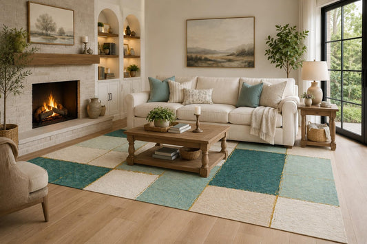 ICE ARMOR 6'7" x 9'10" Teal, Aqua and Cream Modern Color Blocks Area Rug for Living Room, Soft Low Pile with Non-Slip Backing, Bedroom, Dining Area and Office Decor