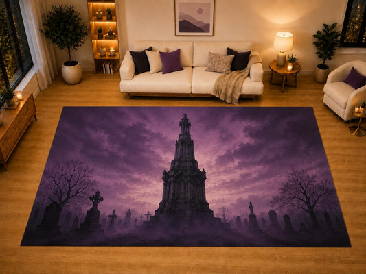 ICE ARMOR "Ultra Light Weight Large 6'7" x 9'10" Purple Gothic Cemetery Monument Area Rug for Living Room Bedroom, Soft Low Pile Non-Slip Backing, Dark Purple Graveyard Halloween Decor