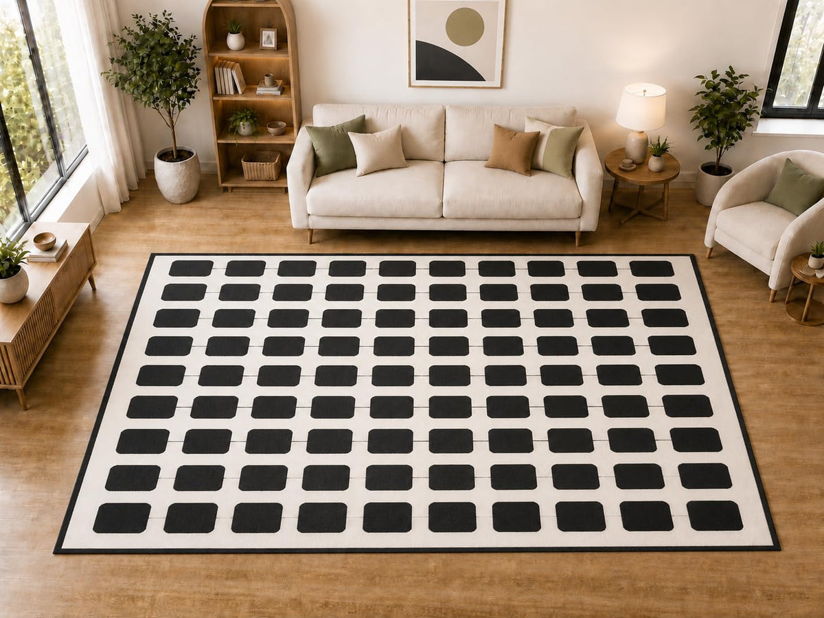 ICE ARMOR "Ultra Light Weight Large 6'7 x 9'10 Black Rounded Rectangle Pattern Area Rug for Living Room Bedroom Dining Room Soft Low Pile Indoor Carpet Modern Floor Decor