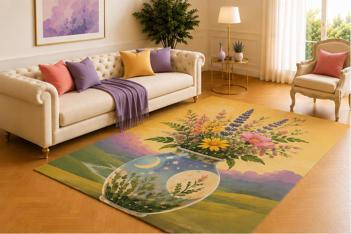 ICE ARMOR 5' x 7' Celestial Meadow Vase Rug, Moonlit Blue Pot with Pink and Yellow Wildflowers, Dreamy Accent for Bedroom, Reading Nook, Studio or Guest Room