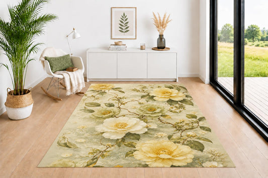 ICE ARMOR 5' x 7' Vintage Peony Floral Area Rug for Living Room, Soft Low Pile Indoor Rug with Non-Slip Backing, Botanical Carpet for Bedroom, Dining Room, Office, Sage Green