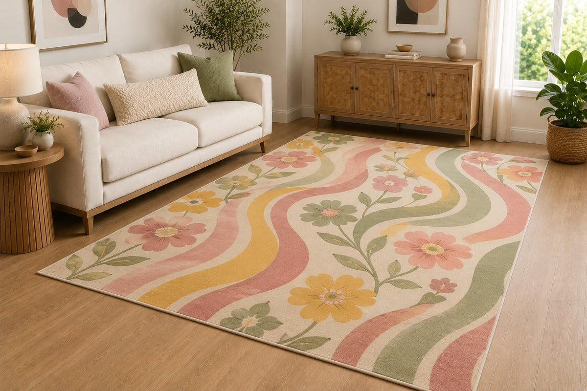 ICE ARMOR 5' x 7' Retro Floral Wave Area Rug for Living Room, Soft Low Pile Indoor Rug with Non-Slip Silicone Backing, Bedroom, Office, Family Room, Yellow Pink Green