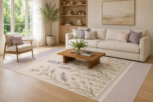 ICE ARMOR Large 6'7" x 9'10" Lavender and Ivory Garden Border Area Rug for Living Room, Soft Low Pile Carpet with Non-Slip Silicone Backing, Decor for Bedroom, Dining Area and Home Office