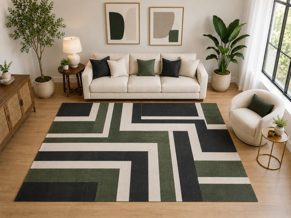 ICE ARMOR Large 6'7" x 9'10" Modern Geometric Maze Area Rug for for Bedroom, Living Room, Soft Low Pile Indoor Rug with Non-Slip Silicone Backing, Olive Black Ivory