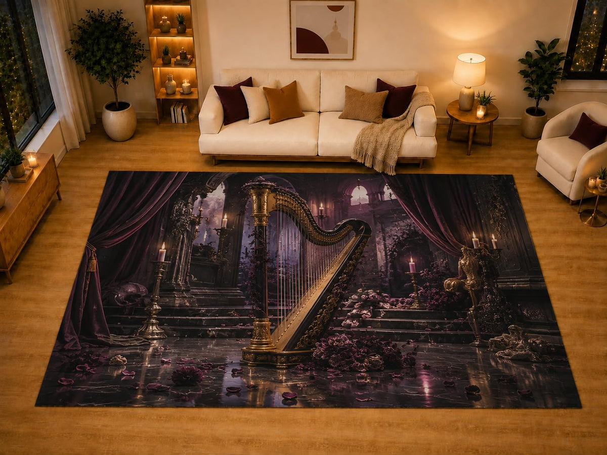 ICE ARMOR "Ultra Light Weight Large 6'7" x 9'10" Gothic Harp Area Rug for Living Room Bedroom Dining Area, Soft Low Pile Non-Slip Backing, Purple Black Victorian Music Decor