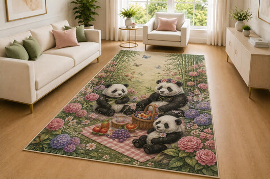 ICE ARMOR 5' x 7' Panda Picnic Floral Garden Area Rug, Soft Low Pile Indoor Rug with Non-Slip Silicone Backing, Decorative Carpet for Bedroom, Nursery, Playroom, Kids & Pets, Green Pink Purple