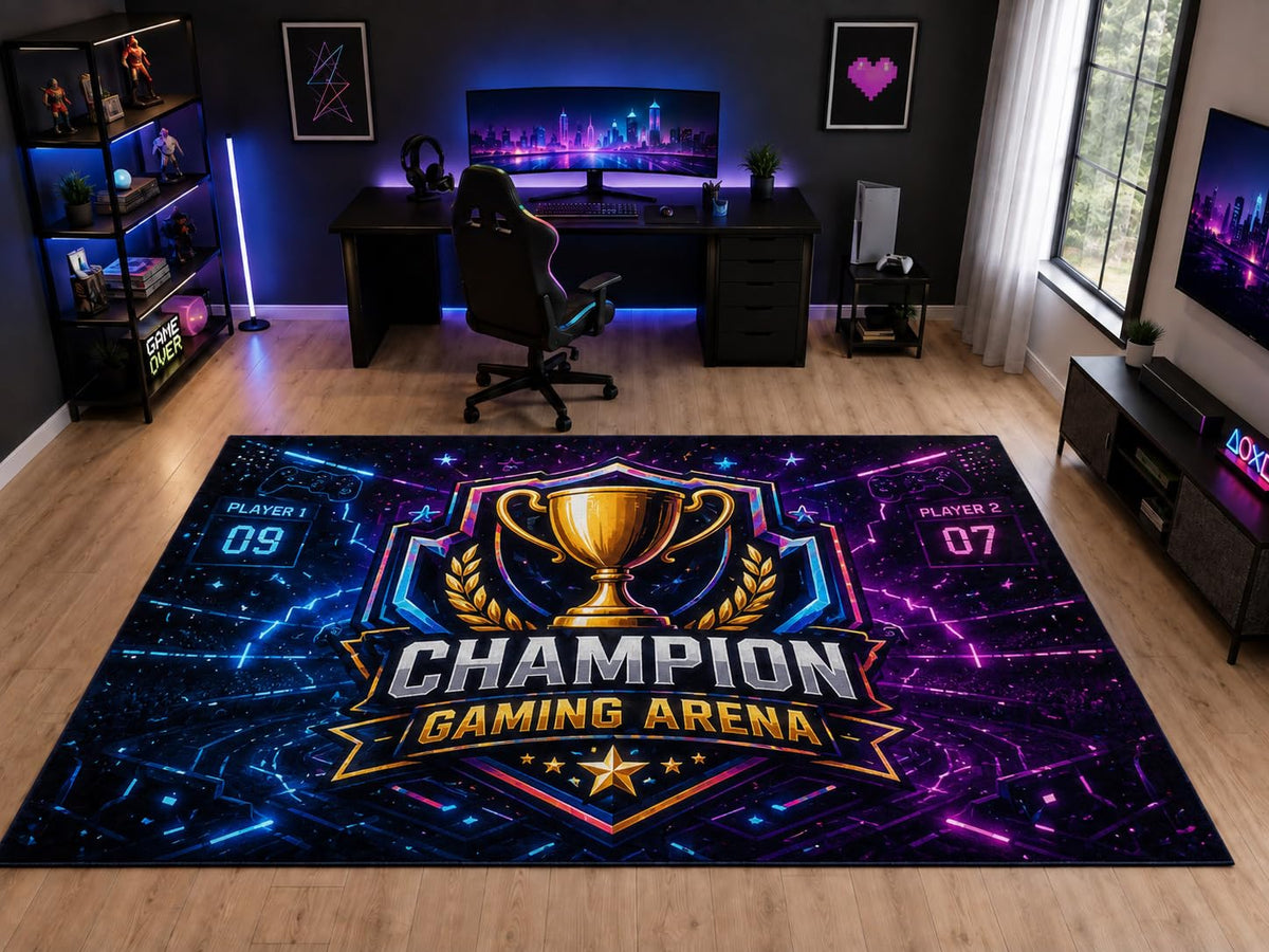 ICE ARMOR "Ultra Light Weight Large 6'7" x 9'10" Champion Gaming Arena Area Rug for Kids Room Playroom, Soft Low Pile Indoor Rug and Non-Slip Silicone Backing, Black