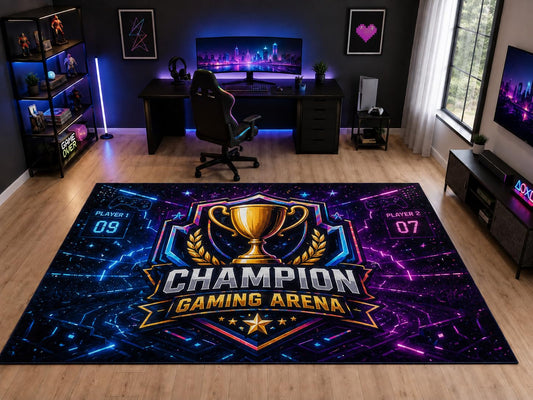 ICE ARMOR "Ultra Light Weight Large 6'7" x 9'10" Champion Gaming Arena Area Rug for Kids Room Playroom, Soft Low Pile Indoor Rug and Non-Slip Silicone Backing, Black
