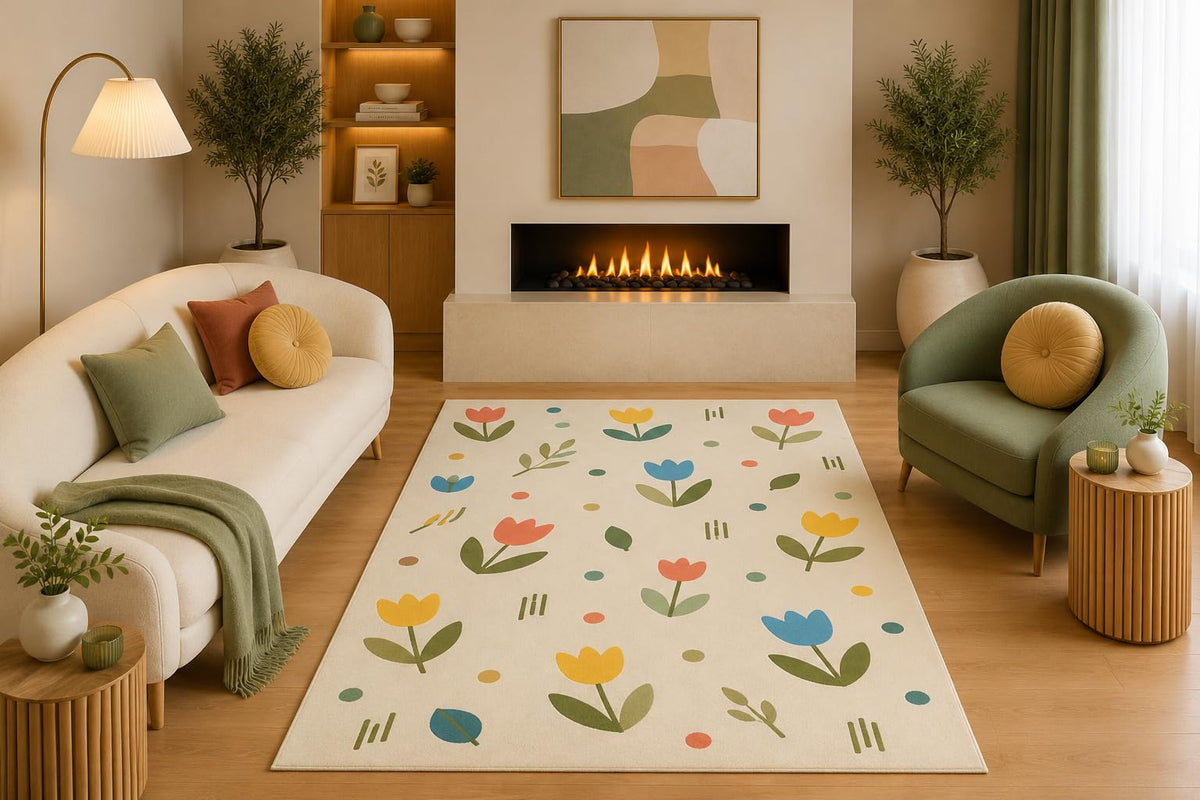 ICE ARMOR 5' x 7' Scandinavian Floral Area Rug Colorful Tulip Flower Pattern Cream for Living Room Bedroom Dining Room Nursery Non-Slip Silicone Backing Low Pile