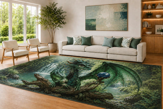 ICE ARMOR Large 6'7" x 9'10" Emerald Green and Teal Forest Dragon Area Rug for Living Room, Soft Low Pile Carpet with Non-Slip Silicone Backing, Decor for Bedroom and Home Office
