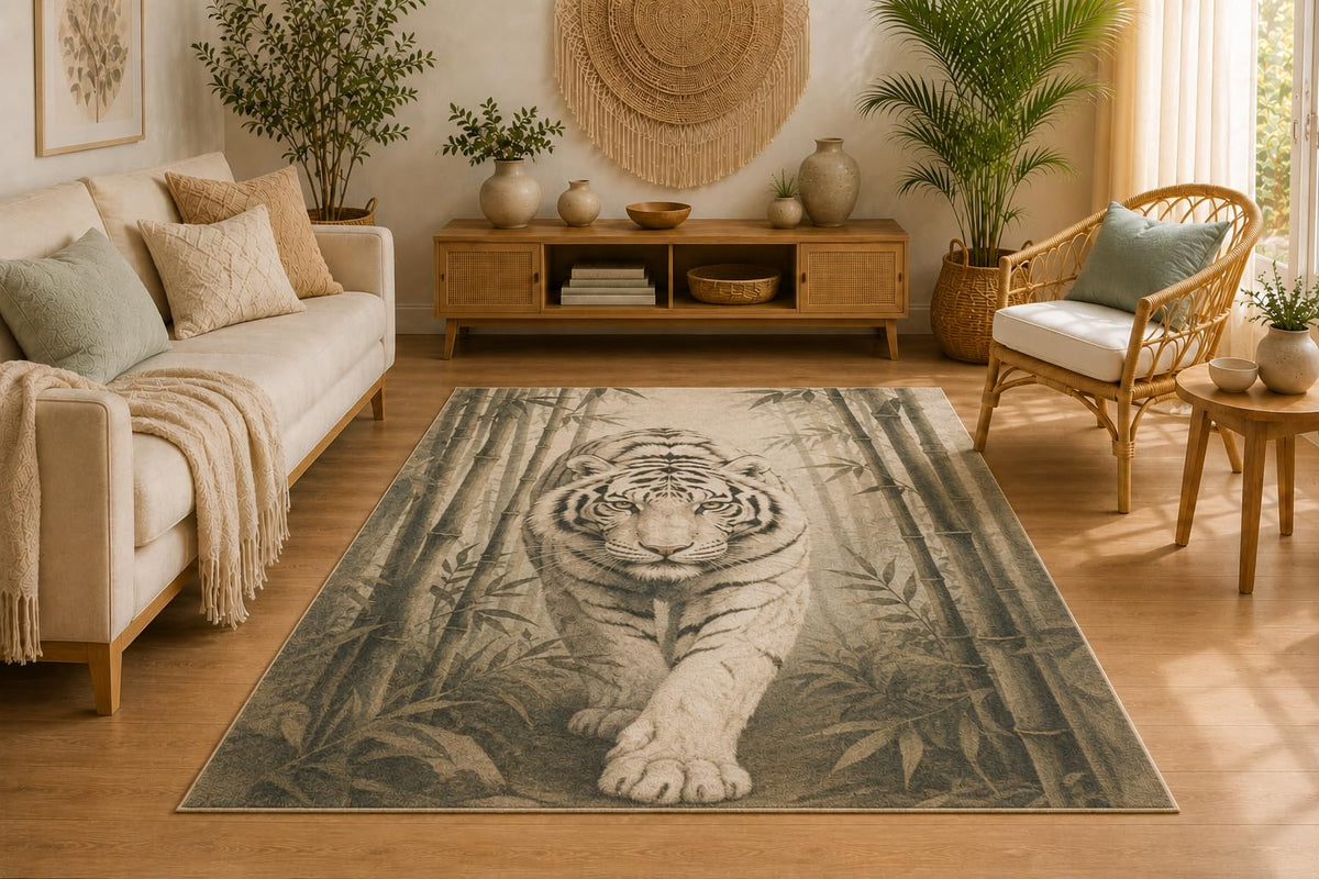 ICE ARMOR 5' x 7' White Tiger Bamboo Area Rug, Soft Low Pile Indoor Rug with Non-Slip Silicone Backing, Decorative Carpet for Living Room, Bedroom, Dining Room, Office, Zen Wildlife Decor